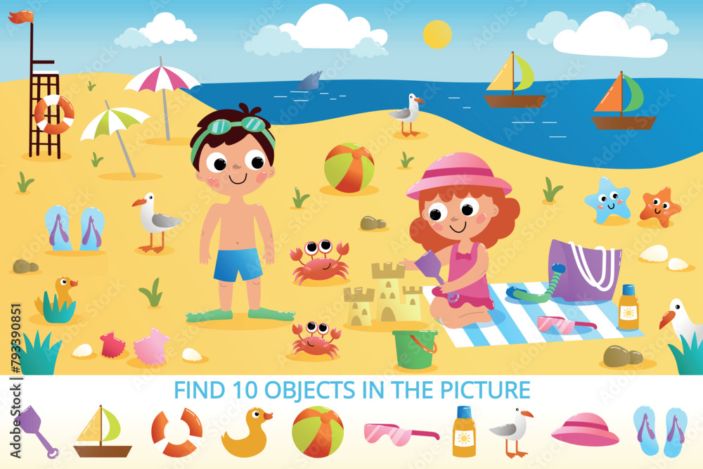 Find 10 objects in picture. Puzzle or childrens educational game with hidden Items. Landscape with kids playing on beach with ball, shovel and inflatable ring. Cartoon flat vector illustration