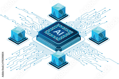 Isometric artificial intelligence chip concept. Artificial intelligence concept. Futuristic microchip processor. Vector illustration