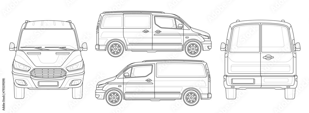 Obraz premium Minivan blueprint set. Commercial van mockup for branding, marketing and advertising. Template of empty delivery truck from different sides. Outline vector collection isolated on white background