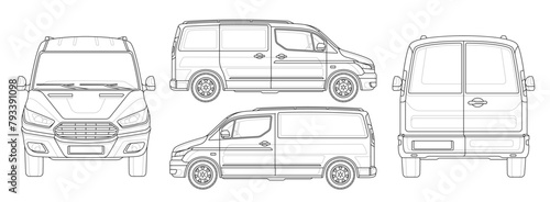 Minivan blueprint set. Commercial van mockup for branding, marketing and advertising. Template of empty delivery truck from different sides. Outline vector collection isolated on white background