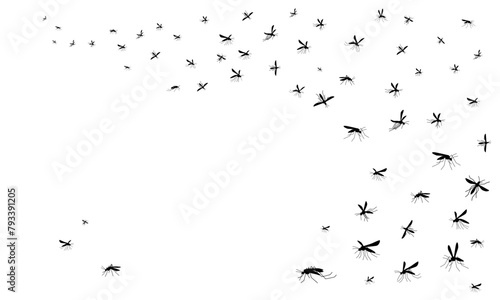 Banner with Flying mosquitoes black silhouette. Medical concept of insects spreading diseases and viruses. Flock of gnat in air. Cartoon flat vector illustration isolated on white background