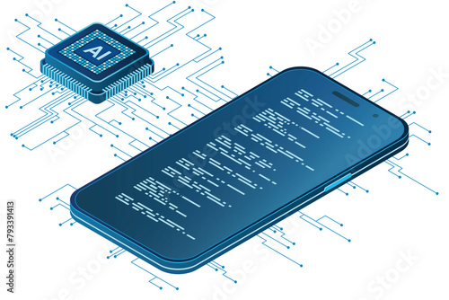 Isometric smartphone with AI. Artificial intelligence and smartphone concept. Smartphone with futuristic artificial intelligence processor