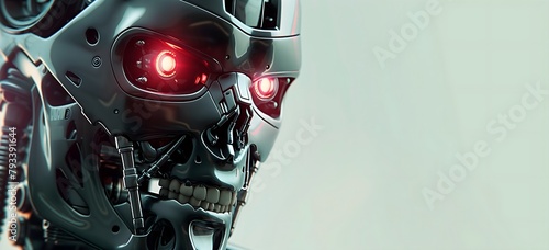 Fondo claro con cara de robot maligno, hojos rojos. Generado con tecnología IA photo