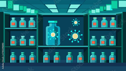 The walls are lined with shelves displaying vials of glowing genetically engineered cells ready to be injected into the patients body to aid in the.