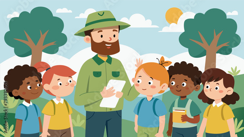 A group of children listen attentively as a ranger shares the importance of protecting wildlife and their habitats on their first nature