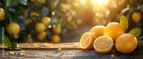 golden hour lemon citrus fruits on wooden table with trees field on morning sunshine background with copyspace area photo