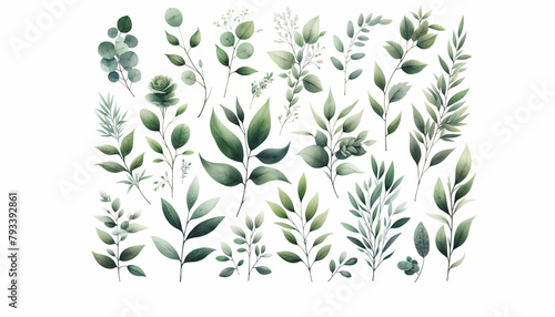 A watercolor floral illustration set featuring a collection of green leaf branches, including eucalyptus, olive, and various green leaves