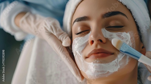 Close up of beautician s hands using anti-aging cream on the face of a Thai female customer to prevent wrinkles in spa salon Skin care 