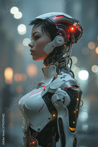 Female robot in a futuristic setting with neon lights. Sci-fi theme.