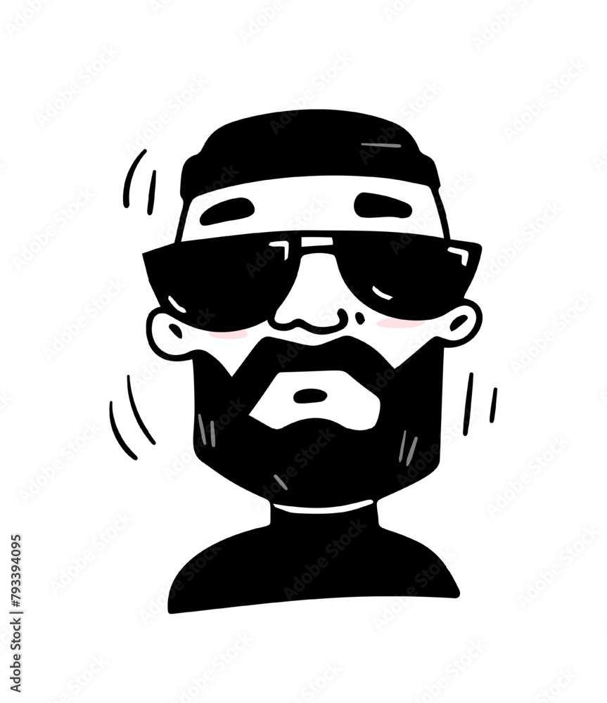 Hand drawn person face. Doodle icon with portrait of cool brutal man with beard and sunglasses. Black and white avatar for social networks. Cartoon outline vector illustration isolated on background