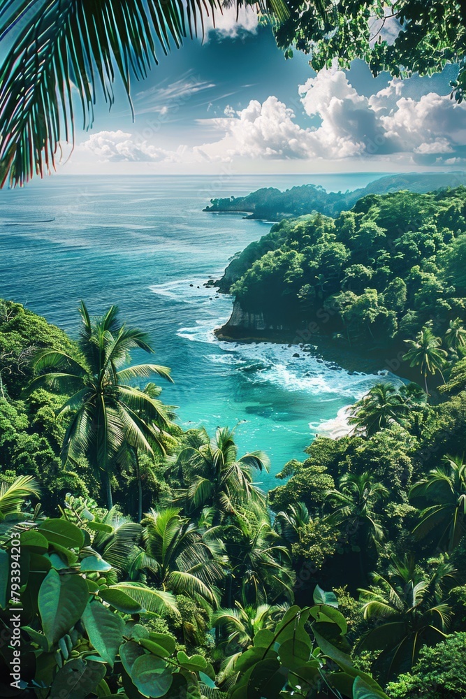 a tropical beach coastline with lush green palm trees location background for travelling tourism and adventurous exploration