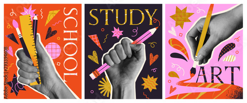 Back to School Posters Set. Collection of Halftone flyers with hands holding pencil, brush and school supplies. Education and study. Cartoon flat vector illustrations isolated on white background