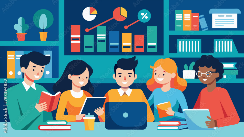 In the school library a group of students work together to research different stocks and create a mock investment portfolio learning about the In the school library a group of students work together to research different stocks and create a mock investment portfolio learning about the