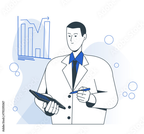 Science research. Male researcher in white uniform analyzes graphs of results of scientific experiment in laboratory. Lab worker. Cartoon outline vector illustration isolated on white background