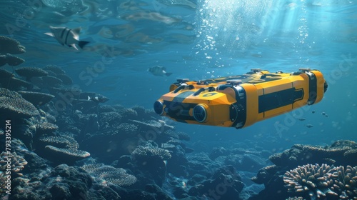 Yellow Submarine Floating Over Coral Reef © Prostock-studio