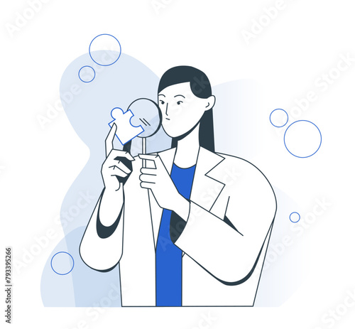 Science research. Woman laboratory worker in white uniform holding magnifying glass and conducting research or experiment. Cartoon outline vector illustration isolated on white background