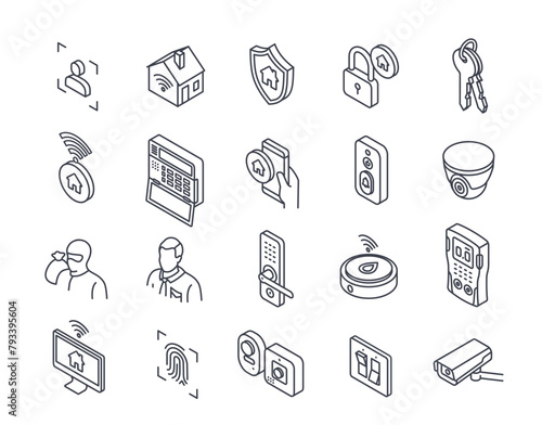 Set of smart home related line icons. Symbols with biometric lock, CCTV system for home security and remote control. Design for app. Outline isometric vector collection isolated on white background
