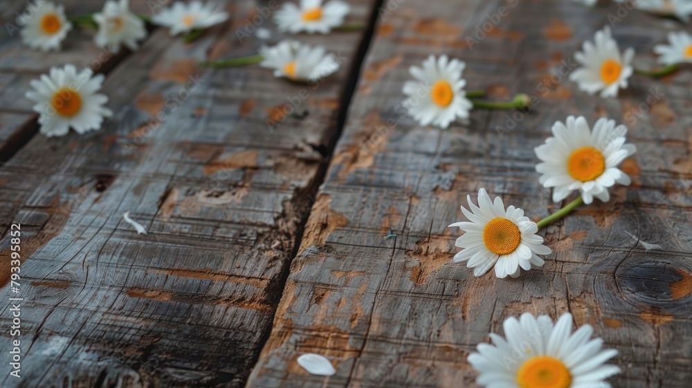 Obraz premium Dainty daisies brightening up a rustic wooden table