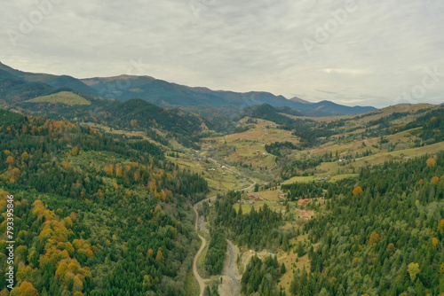 Aerial view of beautiful mountain forest and village on autumn day