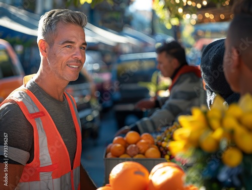 A man in an orange vest stands behind a table of oranges. He is smiling and he is happy