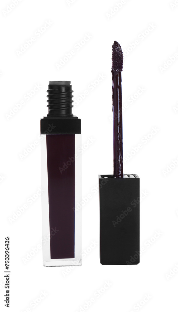 Dark lip gloss and applicator isolated on white. Cosmetic product Dark lip gloss and applicator isolated on white. Cosmetic product