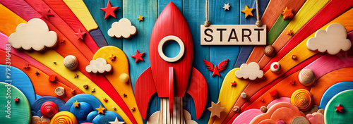 A red rocket on a colorful wooden background, with an imaginative scene made entirely of wood start up business photo