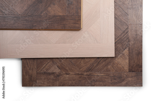 Samples of wooden flooring isolated on white, top view