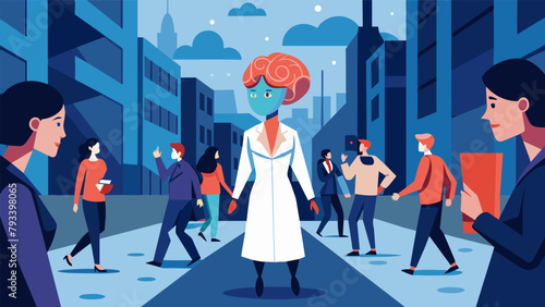 In a crowded city street a neuroscientist walks by infiltrating the minds of passersby with her advanced mental control technology for research.