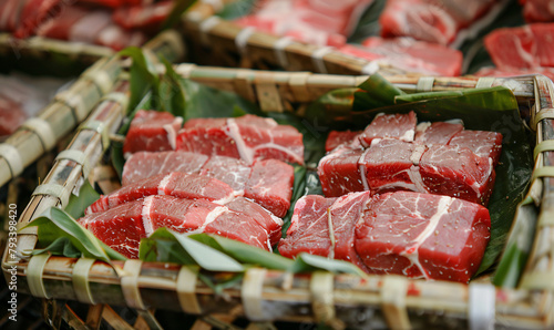 Close up of raw meat in a bamboo basket.