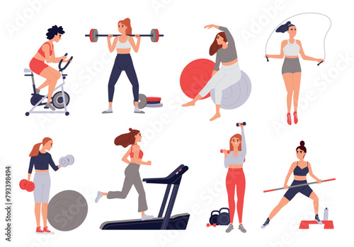 Set of women in gym. Girls do physical exercises with dumbbells and running on treadmill. Workout, fitness, sports and active lifestyle. Cartoon flat vector illustrations isolated on white background