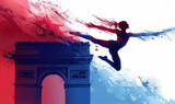 female gymnast silhouette leaping over iconic paris arc de triomphe. with red and blue splash