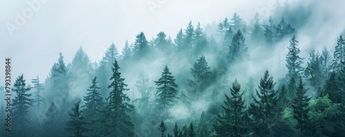 Serene panoramic view of a misty evergreen forest creating a moody atmosphere