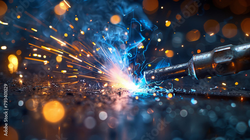 Close-up of welding torch with vibrant sparks and blue smoke, depicting industrial work. photo