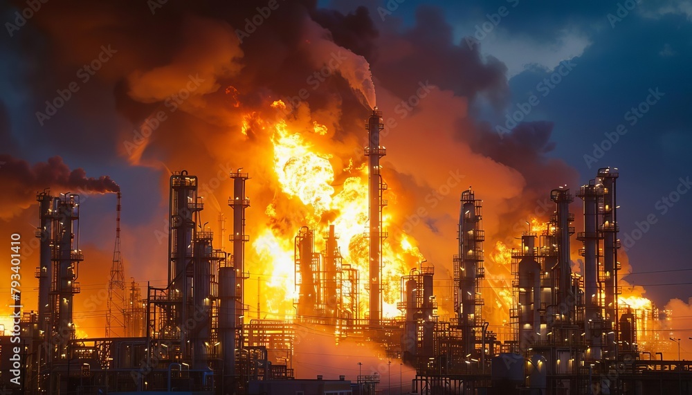 Chemical Plant Fire, Capture the intensity of flames and smoke from a chemical facility