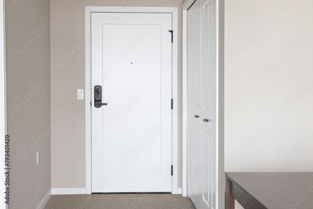 Interior door with door lever. Apartment door with deadbolt lock. Interior door with door lever. Apartment door with deadbolt lock.
