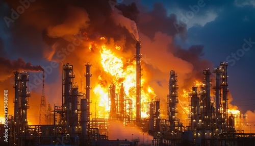 Chemical Plant Fire, Capture the intensity of flames and smoke from a chemical facility