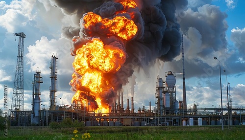 Industrial Accident, Show a factory explosion or fire caused by dangerous chemicals