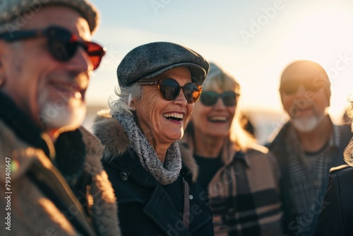 Group of happy senior friends walking together in the city on a sunny day. © Inigo