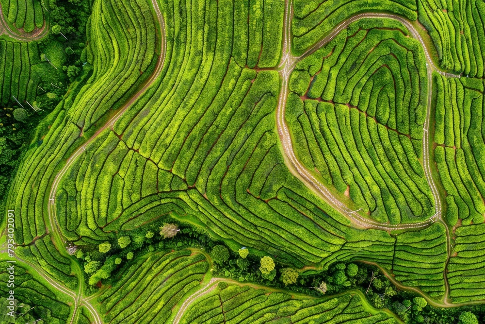 Aerial drone view of shapes of Cha Gorreana tea plantation at Sao Miguel, Azores, Portugal - generative ai