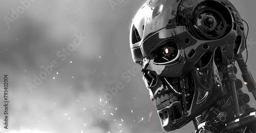 Fondo gris con cara de robot maligno, hojos rojos. Generado con tecnología IA © Pligo