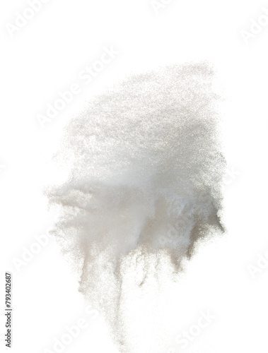 Sand Storm desert with wind blow spin swirl around. Pure White sand tornado storm with high wind. Fine Sand circle around, White background Isolated throwing particle element object