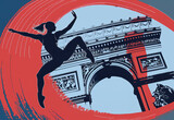 elegant gymnast silhouette with vibrant circular backdrop at paris monument, olympic games 