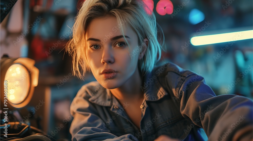 A young woman with blonde hair looks directly at the camera, illuminated by colorful lights in an artistic, urban environment. A young woman with blonde hair looks directly at the camera, illuminated by colorful lights in an artistic, urban environment.
