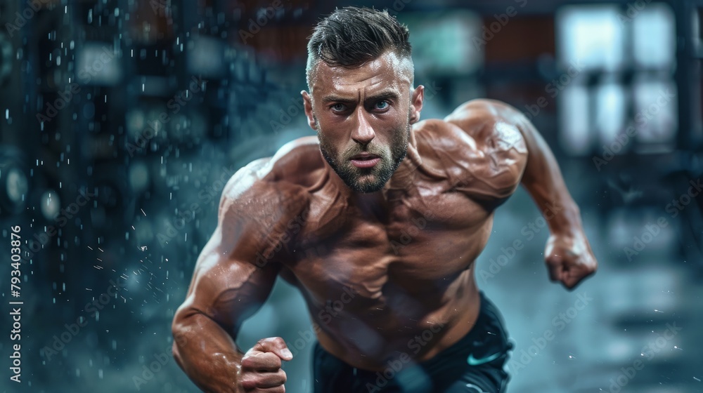 Fototapeta premium muscular sportsman, with determined look, running while exercising generative ai