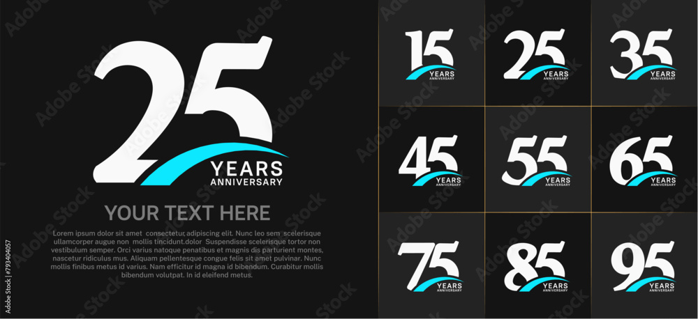 Set of Anniversary Logotype with blue swoosh, white color can be use for special day celebration