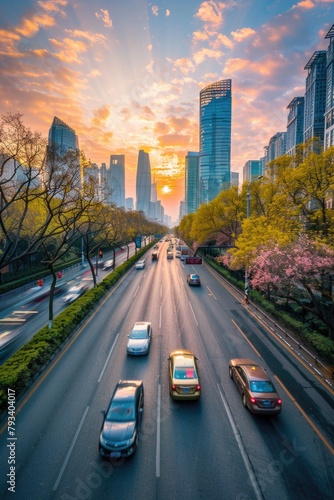 an urban city highway motorway road surrounded by green trees with cars traffic moving fast with motion blur with the view of high rise buildings