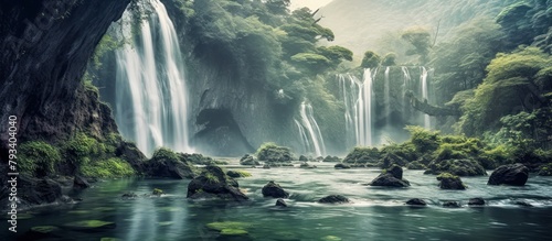 Vector Illustration of a Beautiful Waterfall in nature photo