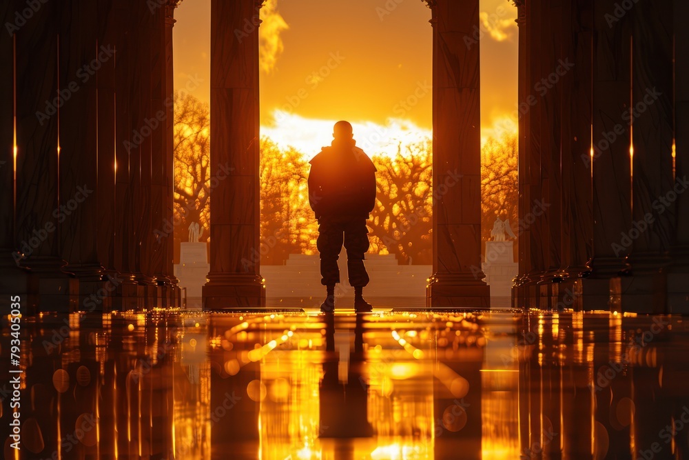 memorial day, silhouette of a contemplative soldier at sunset with reflective marble columns - obrazy, fototapety, plakaty 