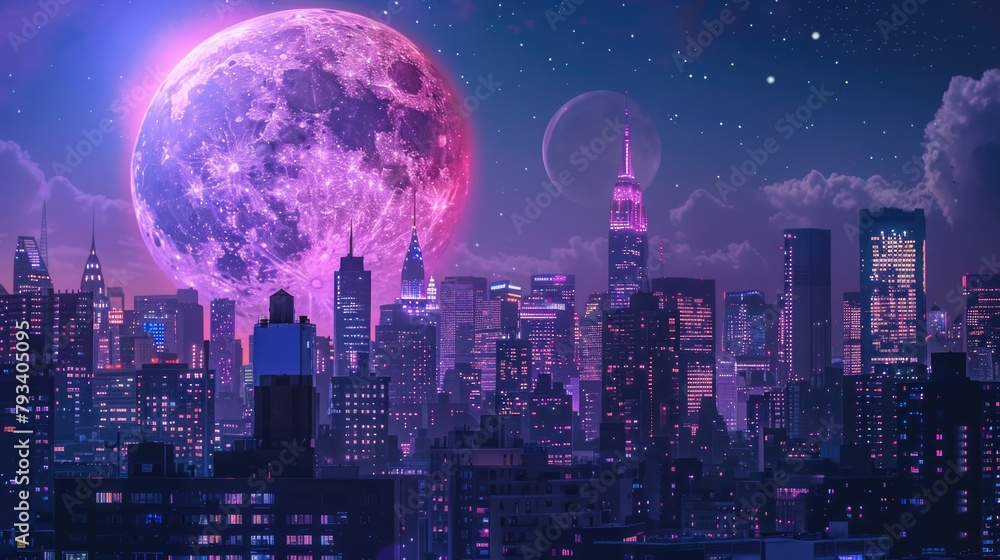 Virtual cityscape with beautiful lights Big moon lofi style Virtual cityscape with beautiful lights Big moon lofi style