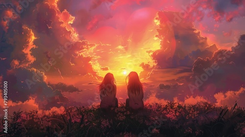 Two women in love, sitting in front of a rose-coloured sunrise, their souls leave their bodies to join the sky. photo